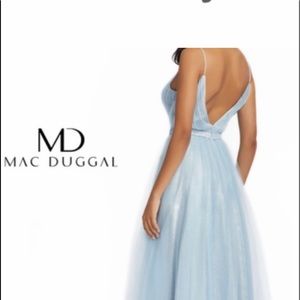 NWT MAC DUGGAL 49037M Shimmering ice blue spaghetti strap plunging ball gown